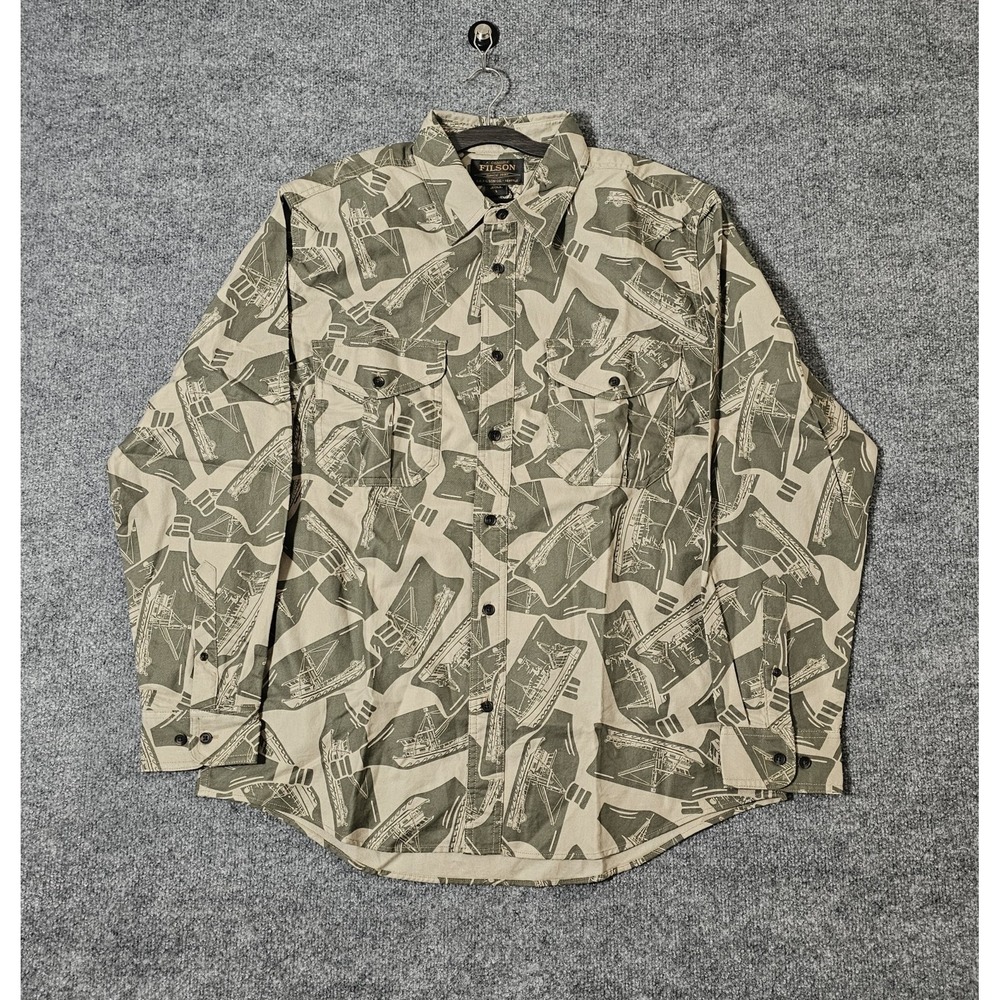 FILSON Lightweight Alaskan Guide Shirt Size Large Nautical Fishing Boats Pattern